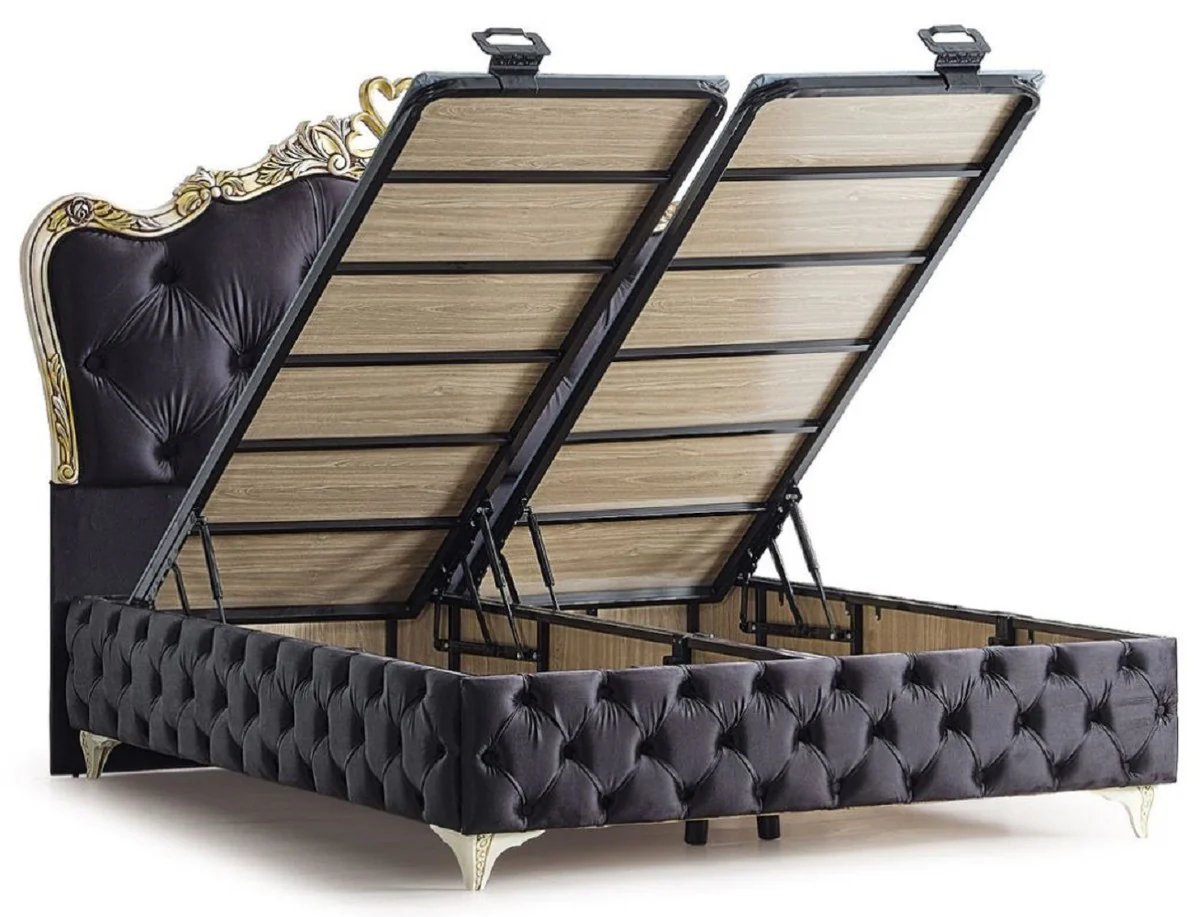 Luxus Barock Doppelbett Schwarz / Cremefarben / Gold - Verschiedene Größen - Handgefertigtes Massivholz Bett im Barockstil - Barock Schlafzimmer & Hotel Möbel - Edel & Prunkvoll
