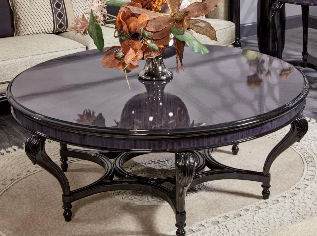 Luxus Barock Couchtisch Blau / Schwarz - Runder Massivholz Wohnzimmertisch im Barockstil - Luxus Wohnzimmer Möbel im Barockstil - Barock Möbel - Edel & Prunkvoll