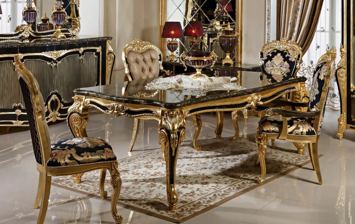 Luxus Barock Esszimmer Set Schwarz / Mehrfarbig / Gold