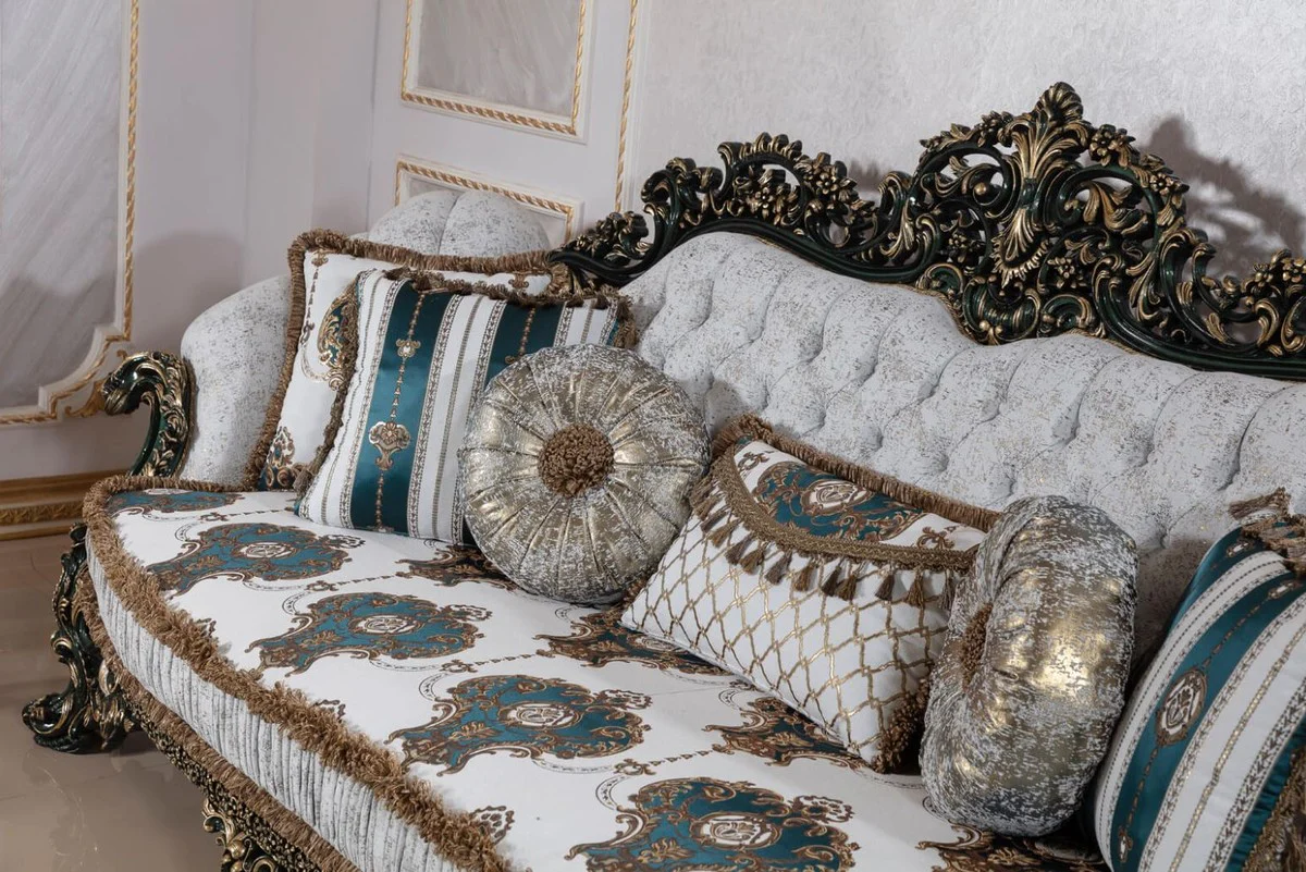 Luxus Barock Sofa Weiß / Mehrfarbig / Grün / Gold - Prunkvolles Wohnzimmer Sofa mit elegantem Muster - Barock Wohnzimmer & Hotel Möbel - Edel & Prunkvoll