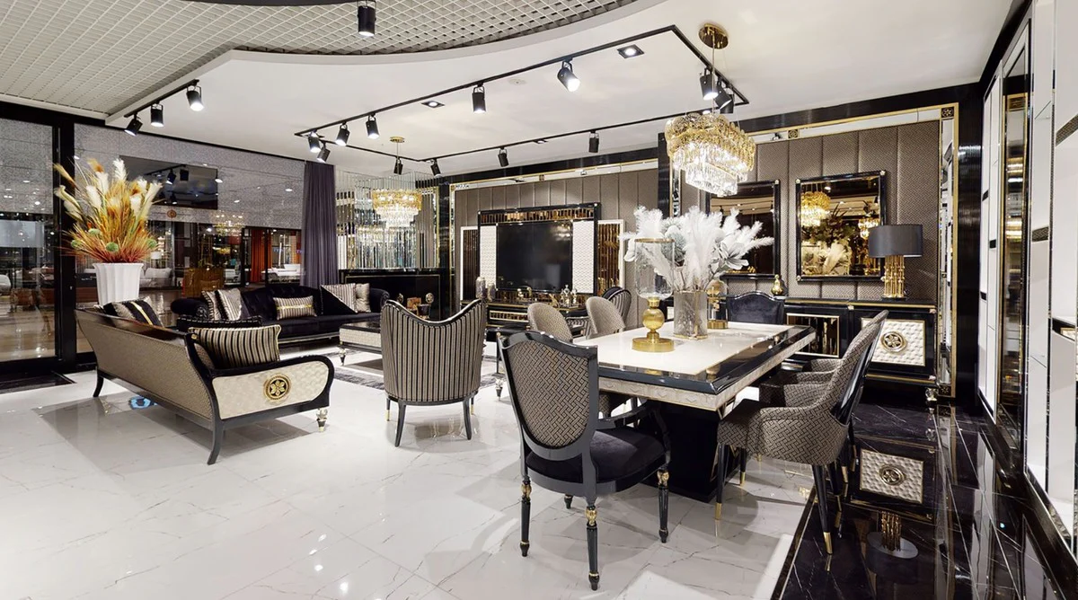 Luxus Art Deco Esstisch Weiß / Schwarz / Gold - Art Deco Esszimmer Tisch - Art Deco Esszimmer Möbel - Luxus Qualität