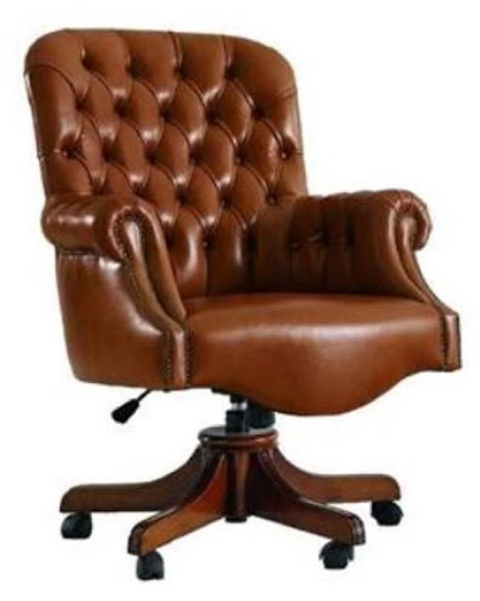 Luxus Chesterfield Bürostuhl Braun 78 x 80 x H. 110-120 cm - Höhenverstellbarer Schreibtischstuhl mit Echtleder - Büromöbel - Chesterfield Möbel - Echtleder Möbel
