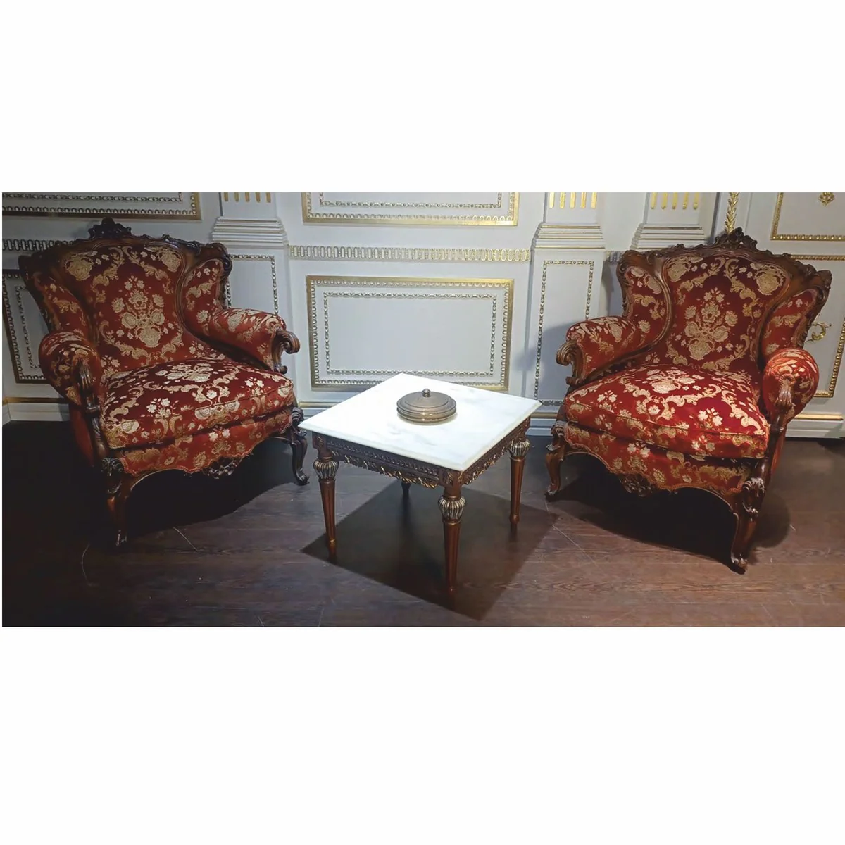 Luxus Barock Beistelltisch mit Marmorplatte Braun / Gold / Weiß - Made in Italy