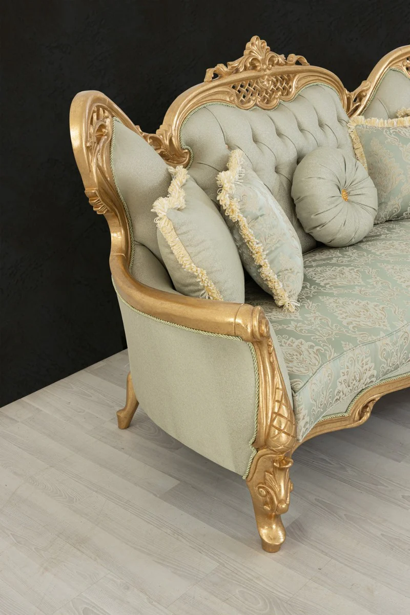 Luxus Barock Wohnzimmer Set Hellgrün / Gold - 2 Sofas & 2 Sessel & 1 Couchtisch - Handgefertigte Barock Wohnzimmer Möbel - Edel & Prunkvoll