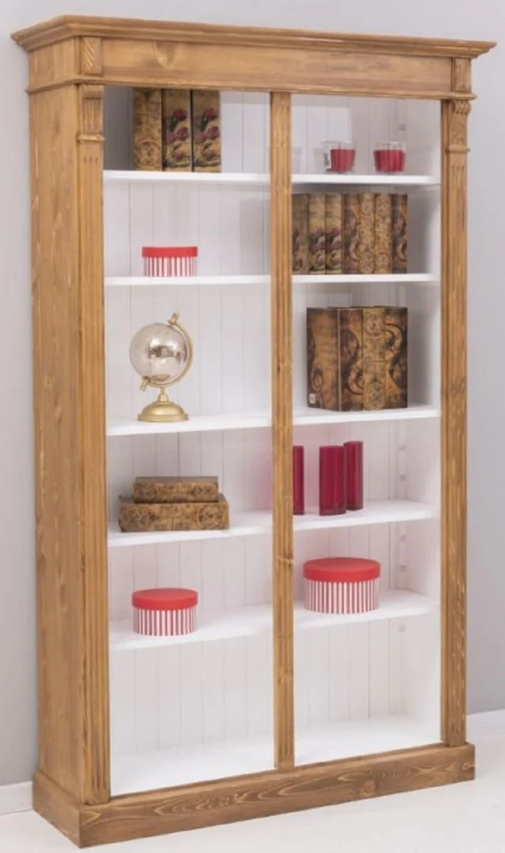 Landhausstil Bücherschrank Braun / Weiß 120 x 39 x H. 197 cm - Massivholz Schrank - Regalschrank - Wohnzimmerschrank - Büroschrank - Landhausstil Möbel