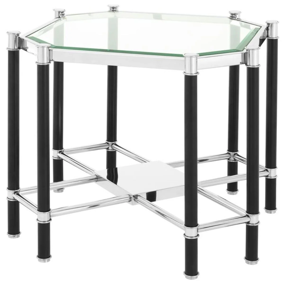 Luxus Beistelltisch mit Glasplatte Silber / Schwarz 72,5 x 72,5 x H. 55,5 cm - Wohnzimmermöbel