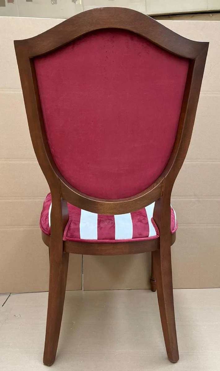 Luxus Art Deco Esszimmer Stuhl Bordeauxrot / Weiß / Braun - Eleganter Massivholz Stuhl mit Streifen - Art Deco Esszimmer Möbel