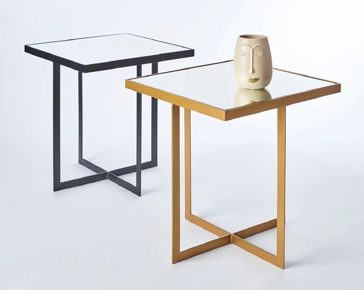 Luxus Beistelltisch Schwarz 51 x 51 x H. 55 cm - Metall Tisch mit Spiegelglas Tischplatte - Luxus Möbel