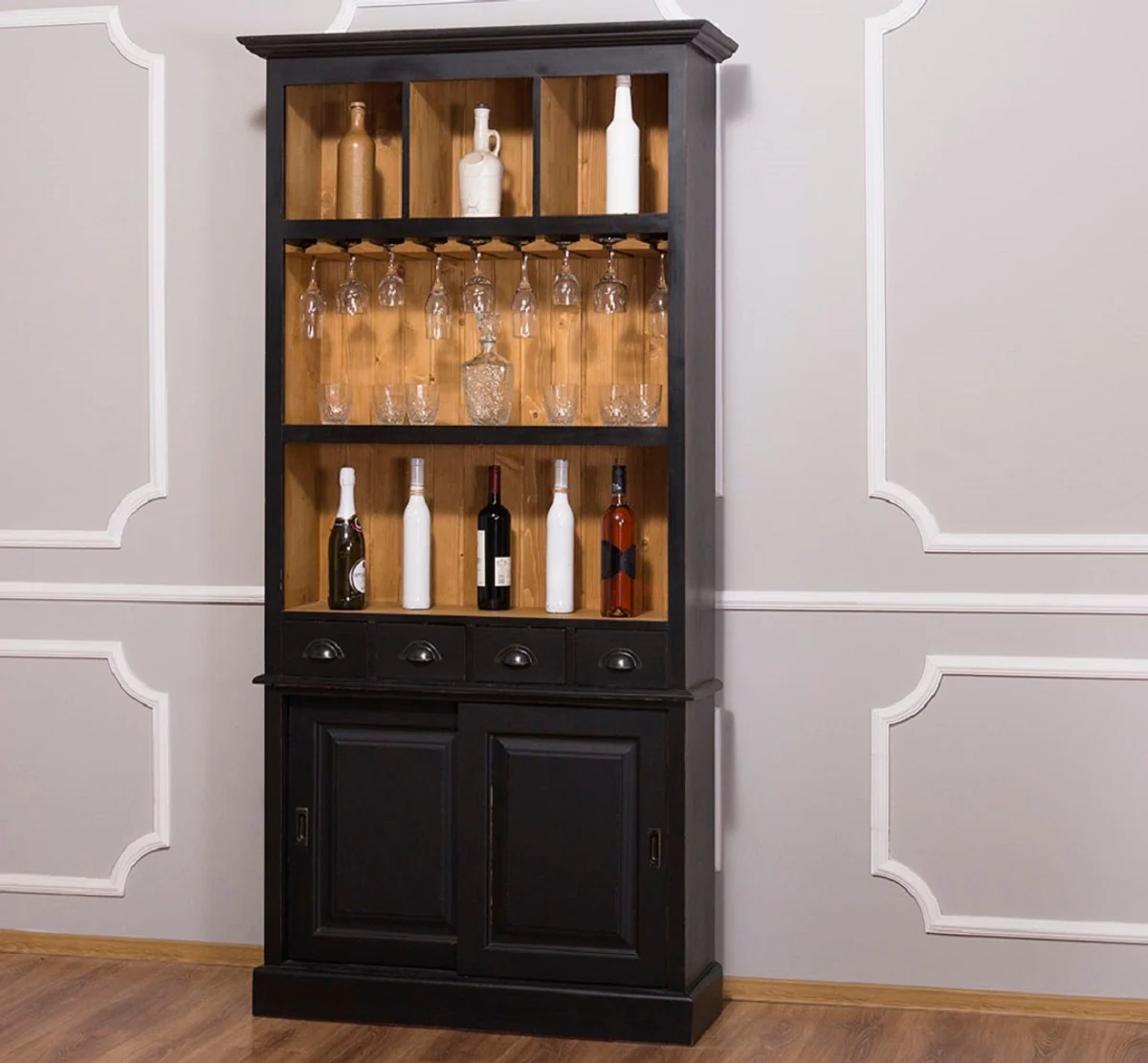 Landhausstil Weinschrank Schwarz / Naturfarben 103 x 36 x H. 210 cm - Barschrank im Landhausstil