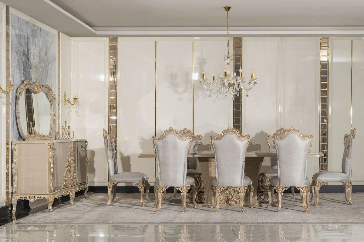 Luxus Barock Esszimmer Set Silber / Grau / Gold - 1 Barock Esstisch & 8 Barock Esszimmerstühle