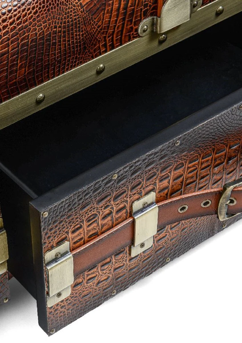 Luxus Couchtisch in Koffer Optik Braun / Schwarz / Messing 140 x 85 x H. 43 cm - Koffer Wohnzimmertisch mit 2 Schubladen - Wohnzimmer Möbel - Luxus Möbel in Koffer Optik