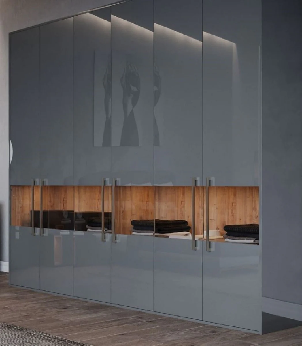 Luxus Schlafzimmerschrank Grau / Naturfarben 275 x 59,6 x H. 244 cm - Massivholz Kleiderschrank mit 6 Türen - Schlafzimmer Möbel - Hotel Möbel - Luxus Möbel