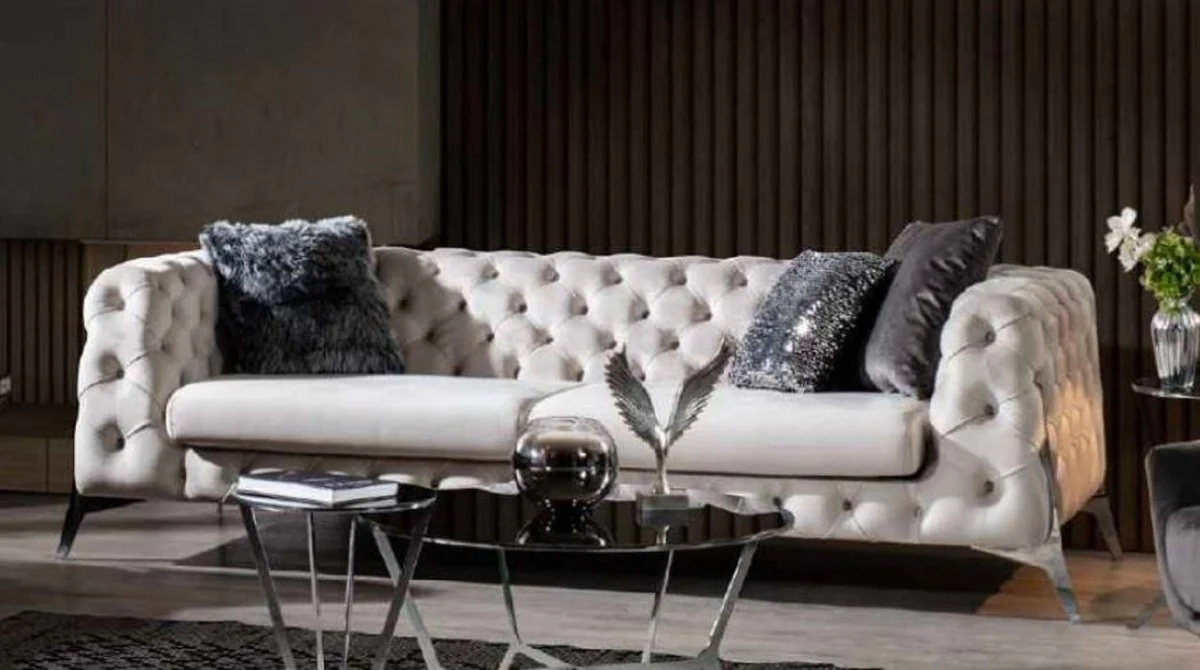 Luxus Chesterfield Sofa Weiß / Silber 240 x 100 x H. 72 cm - Wohnzimmer Sofa - Chesterfield Wohnzimmer Möbel
