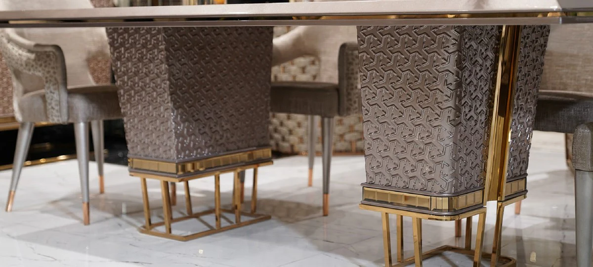 Luxus Esszimmer Set Weiß / Grau / Gold - 1 Luxus Esstisch & 6 Luxus Esszimmerstühle - Luxus Esszimmer Möbel