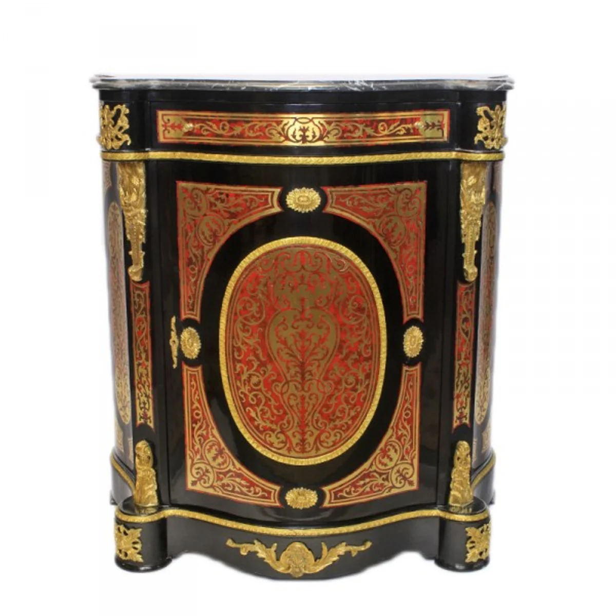 Barock Boulle Kommode Schwarz / Gold / Rot mit Marmorplatte 80 x H105 cm - Möbel Schrank Sideboard