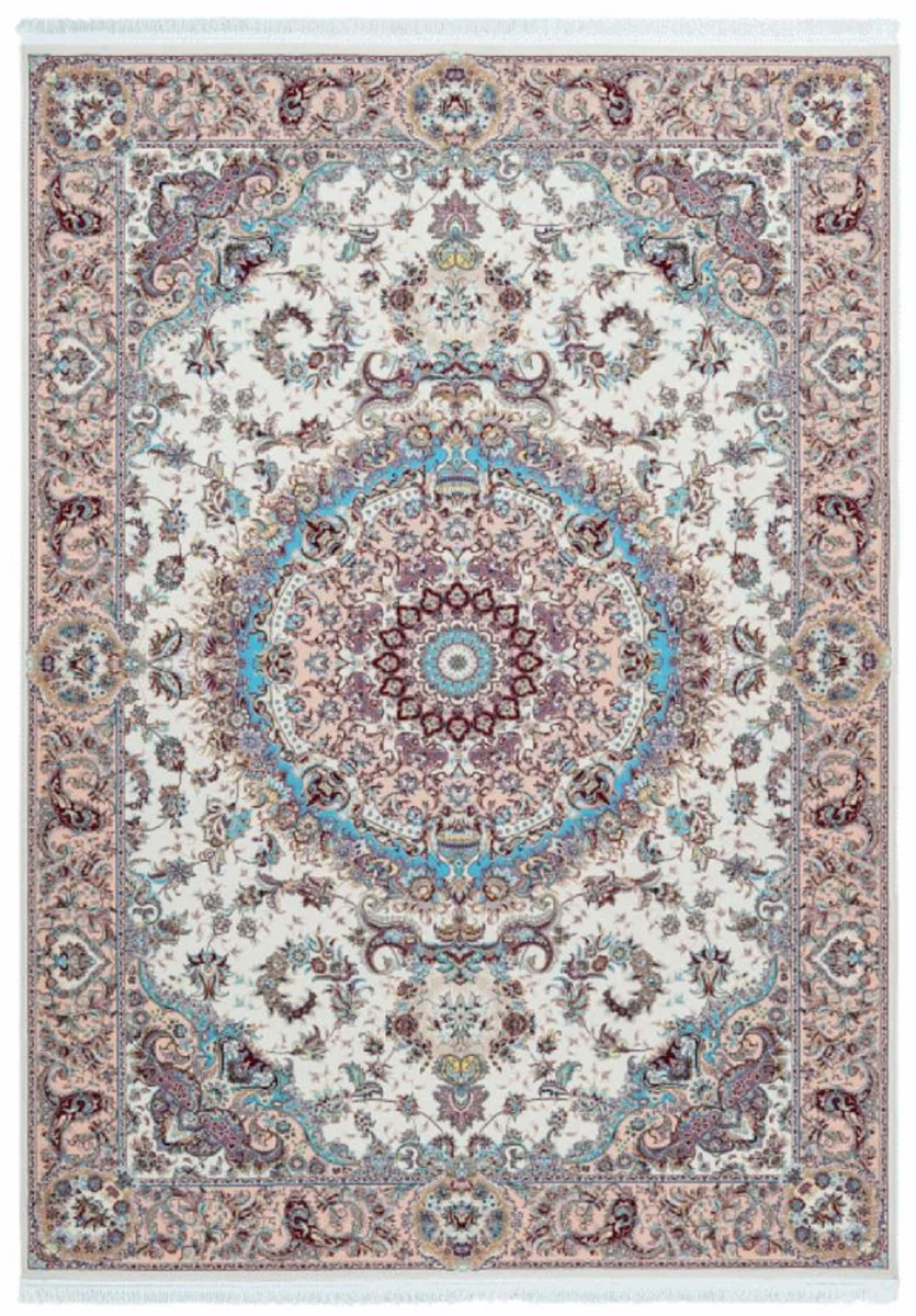 Luxus Kunstfaser Teppich mit Fransen Elfenbeinfarben / Beige / Türkis - Verschiedene Größen - Rechteckiger Wohnzimmer Teppich im Orientalischen Stil