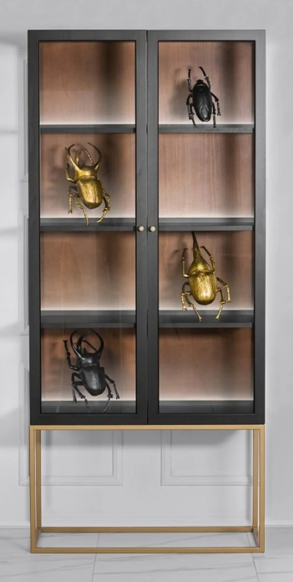 Luxus Glas Vitrine Schwarz / Messing Gold 200 x 90 cm - Luxus Boutique Vitrinenschrank - Neoklassisch