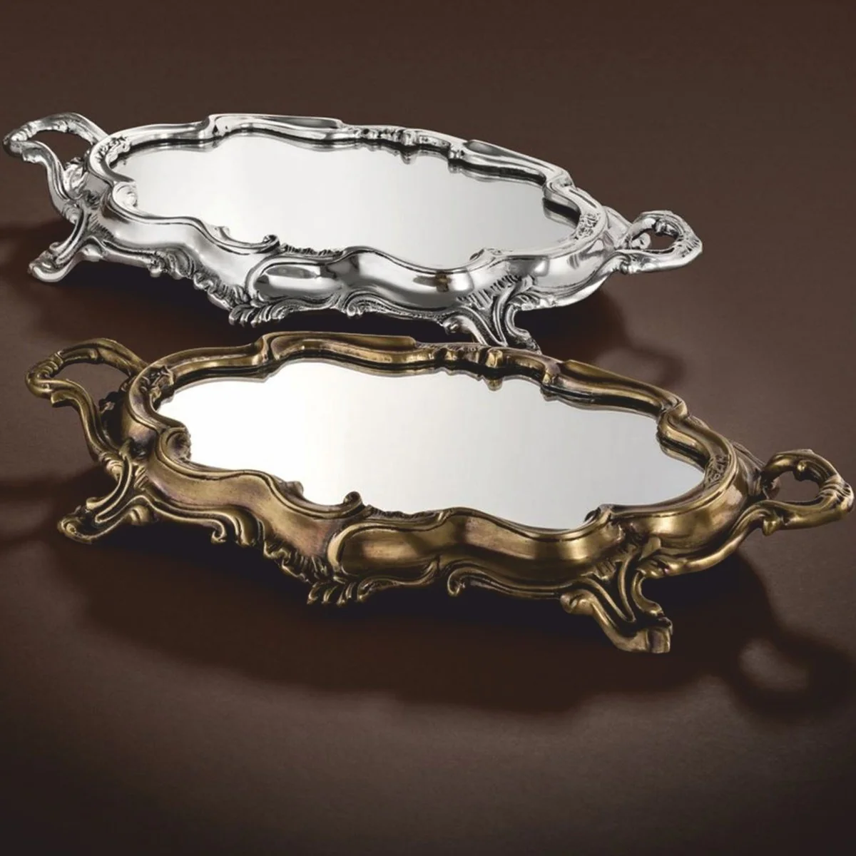 Luxus Barock Tablett Antik Silber 35,5 cm - Verspiegeltes Barockstil Serviertablett