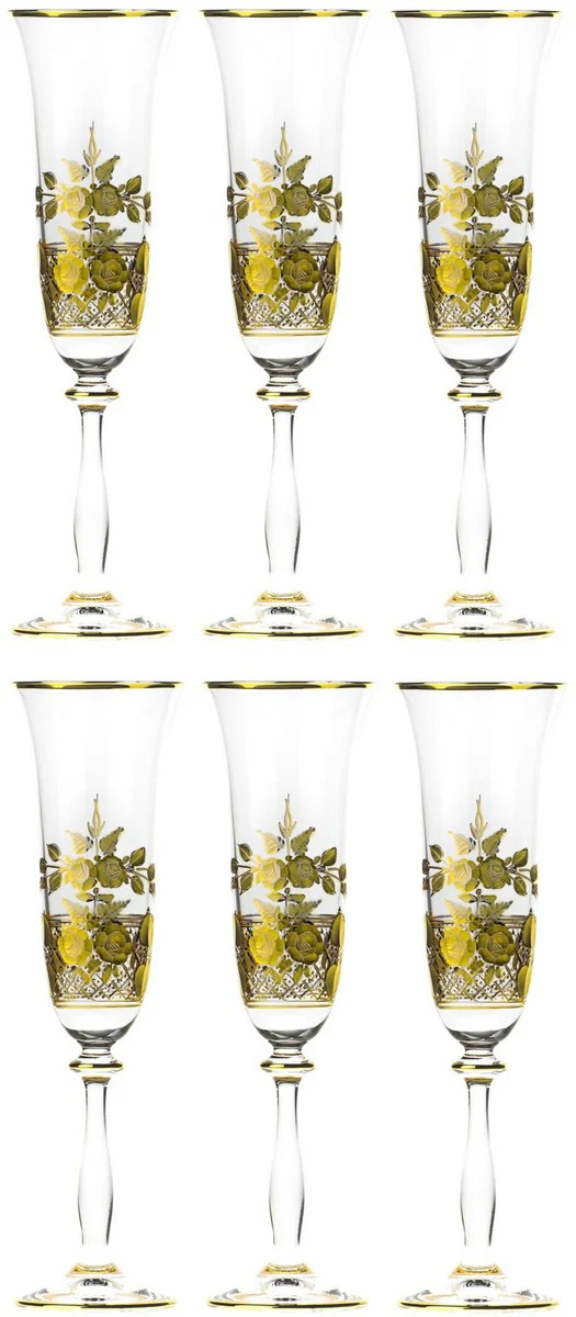 Luxus Barock Champagnerglas 6er Set Gold Ø 7 x H. 24,5 cm - Handgefertigte und handgravierte Champagnergläser - Hotel & Restaurant Accessoires - Luxus Qualität