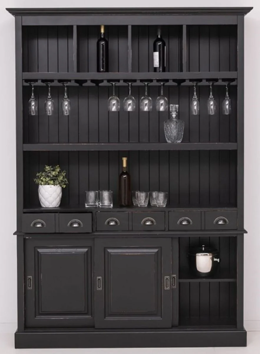 Landhausstil Massivholz Barschrank Antik Schwarz 151 x 36 x H. 210 cm - Massivholz Weinschrank im Landhausstil - Massivholz Bar Möbel - Landhausstil Bar Möbel