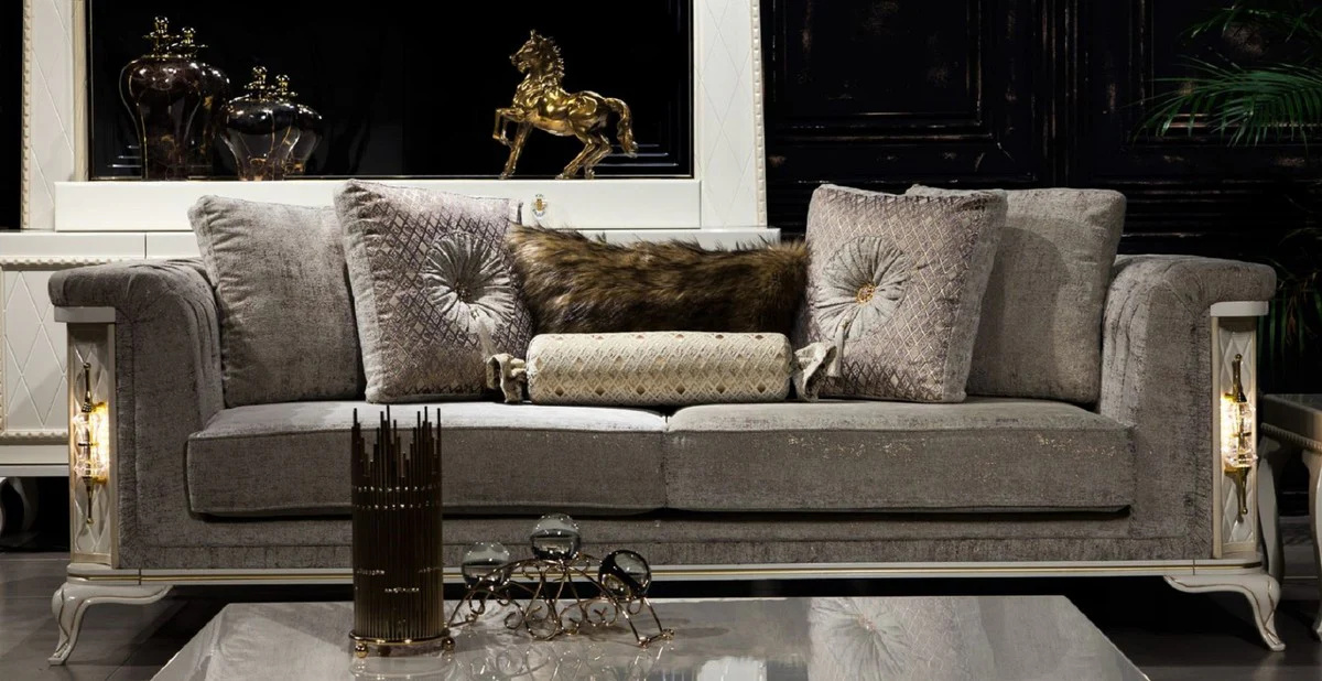 Luxus Barock Sofa Grau / Weiß / Gold - Beleuchtetes Wohnzimmer Sofa im Barockstil - Barock Wohnzimmer Möbel - Edel & Prunkvoll