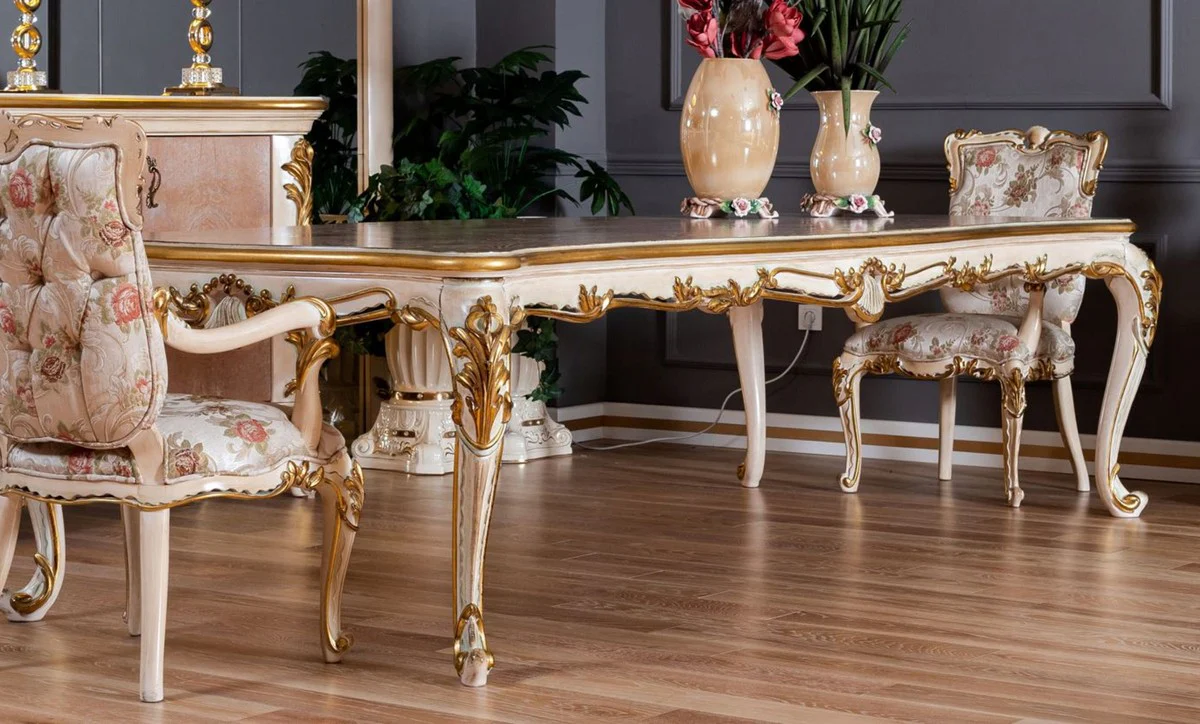 Luxus Barock Esstisch Beige / Weiß / Gold - Prunkvoller Massivholz Esszimmertisch im Barockstil - Barock Esszimmer Möbel