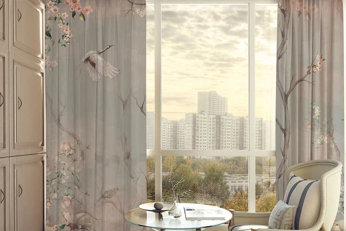 Luxus Vorhang Set Vögel im Wald Hellgrau / Mehrfarbig 250 x H. 290 cm - Bedruckte Leinen & Samt Vorhänge - Ösenvorhänge - Schiebevorhänge - Luxus Qualität