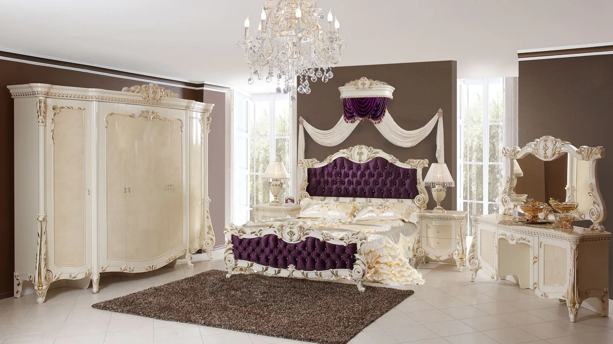 Luxus Barock Schlafzimmer Set Beige / Weiß / Gold - 1 Barock Schminkkommode & 1 Barock Spiegel - Luxus Schlafzimmer Möbel im Barockstil - Barock Möbel - Edel & Prunkvoll