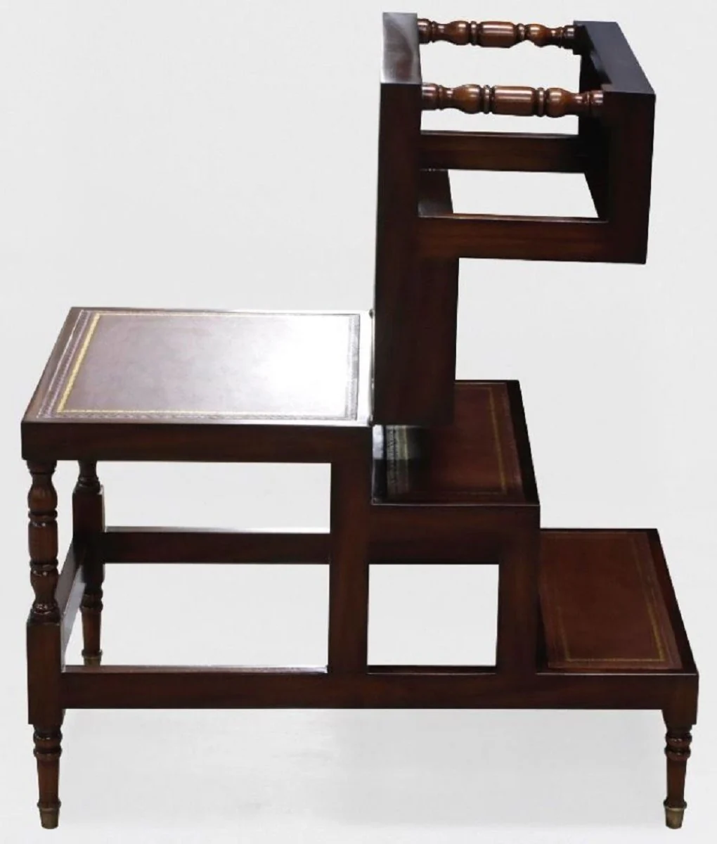 Luxus Jugendstil Couchtisch Dunkelbraun / Bordeauxrot / Gold - Ausklappbare Massivholz Bibliothekstreppe mit Echtleder - Jugendstil Wohnzimmer Möbel - Edel & Prunkvoll