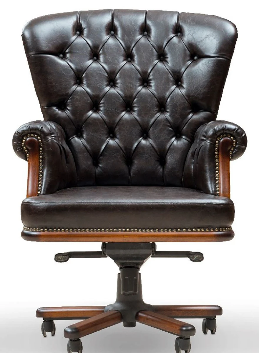 Luxus Chesterfield Schreibtischstuhl Vintage Schwarz / Braun 84 x 93 x H. 114 cm - Höhenverstellbarer Kunstleder Bürostuhl - Büro Möbel - Chesterfield Möbel - Luxus Möbel