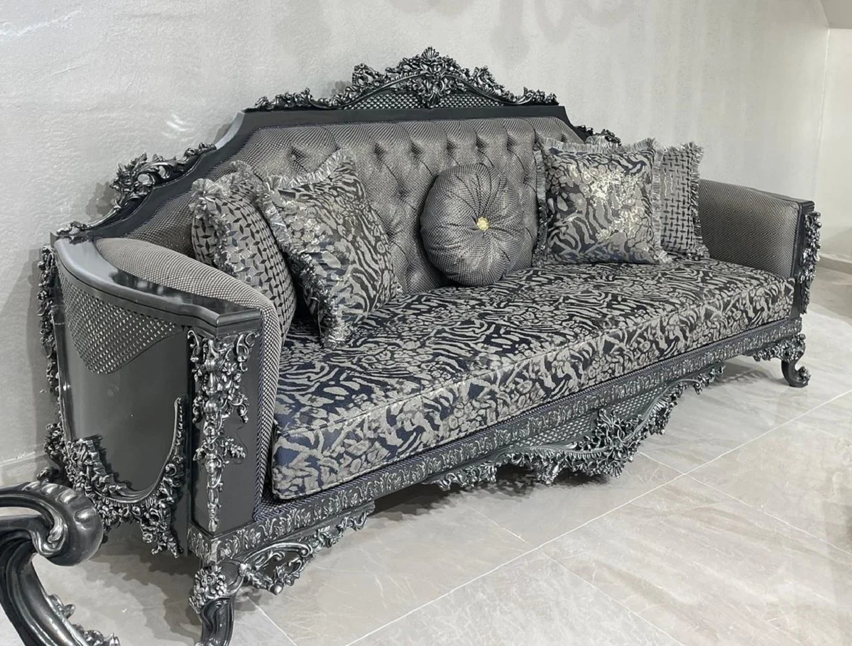 Luxus Barock Sofa Grau / Silber - Prunkvolles Wohnzimmer Sofa - Barockstil Wohnzimmer Möbel - Luxus Möbel im Barockstil - Barock Einrichtung - Edel & Prunkvoll