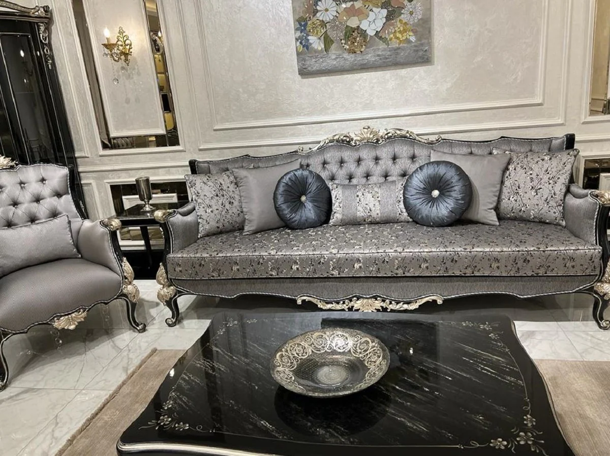 Luxus Barock Couchtisch Schwarz / Silber - Handgefertigter Massivholz Wohnzimmertisch im Barockstil - Edle Barock Wohnzimmer Möbel