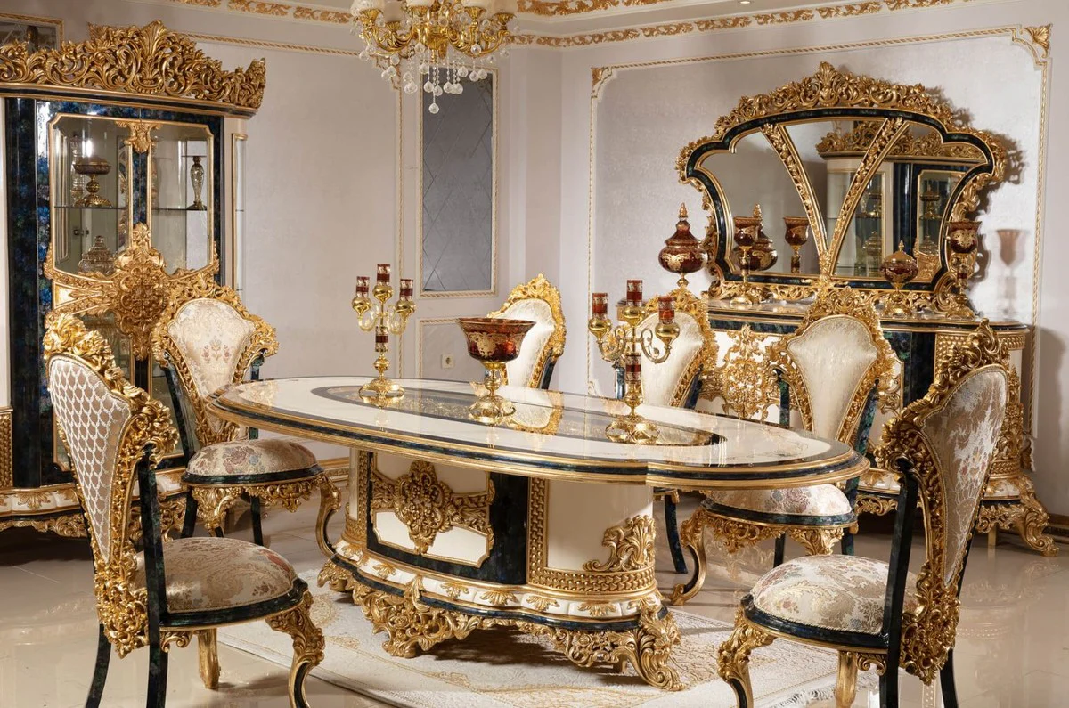 Luxus Barock Esstisch Weiß / Blau / Gold - Prunkvoller Massivholz Esszimmertisch im Barockstil - Barock Esszimmer Möbel - Edel & Prunkvoll