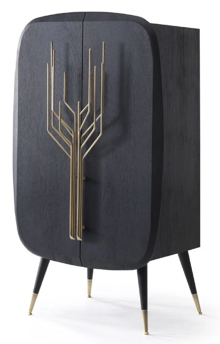 Luxus Barschrank Schwarz / Antik Messing 88 x 55 x H. 152 cm - Massivholz Weinschrank mit 2 Türen - Wohnzimmer Möbel - Bar Möbel - Hotel Möbel - Luxus Kollektion