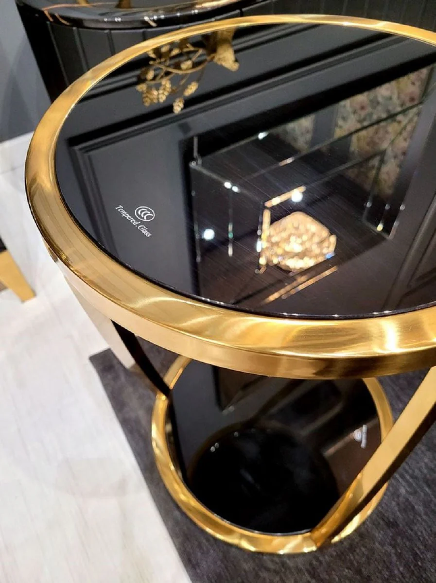 Luxus Beistelltisch Gold / Schwarz Ø 35 x H. 50 cm - Runder Edelstahl Blumentisch mit getönten Glasplatten - Wohnzimmer Möbel - Luxus Möbel