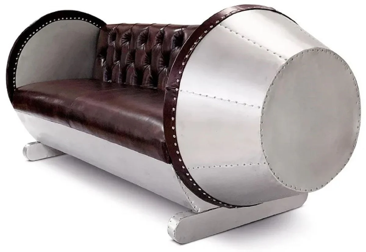 Chesterfield Leder Sofa Silber / Braun 240 x 82 x H. 91 cm - Echtleder Wohnzimmer Sofa - Flugzeug Möbel - Flieger Möbel - Chesterfield Möbel - Wohnzimmer Möbel - Echtleder Möbel