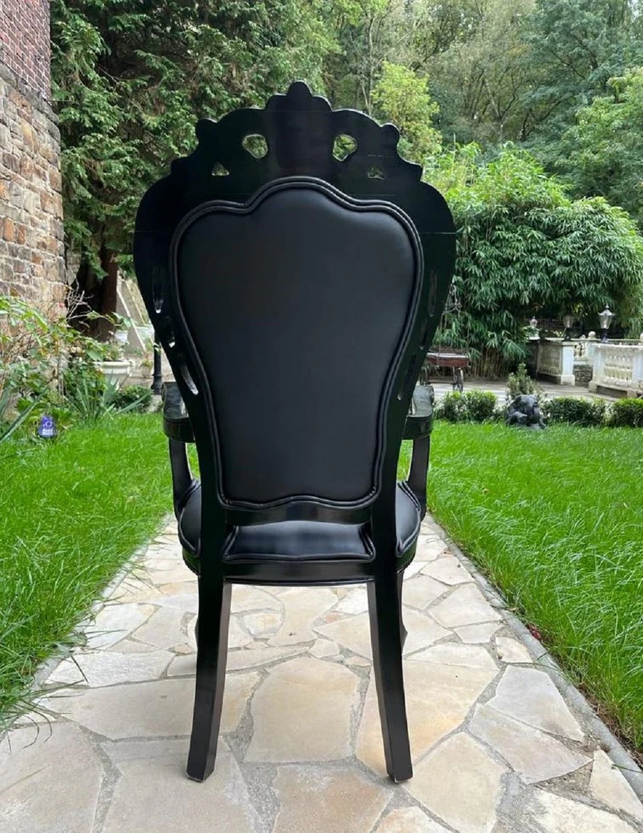 Luxus Barock Esszimmer Stuhl Schwarz - Handgefertigter Antik Stil Stuhl mit Armlehnen und edlem Kunstleder - Esszimmer Möbel im Barockstil - Edel & Prunkvoll