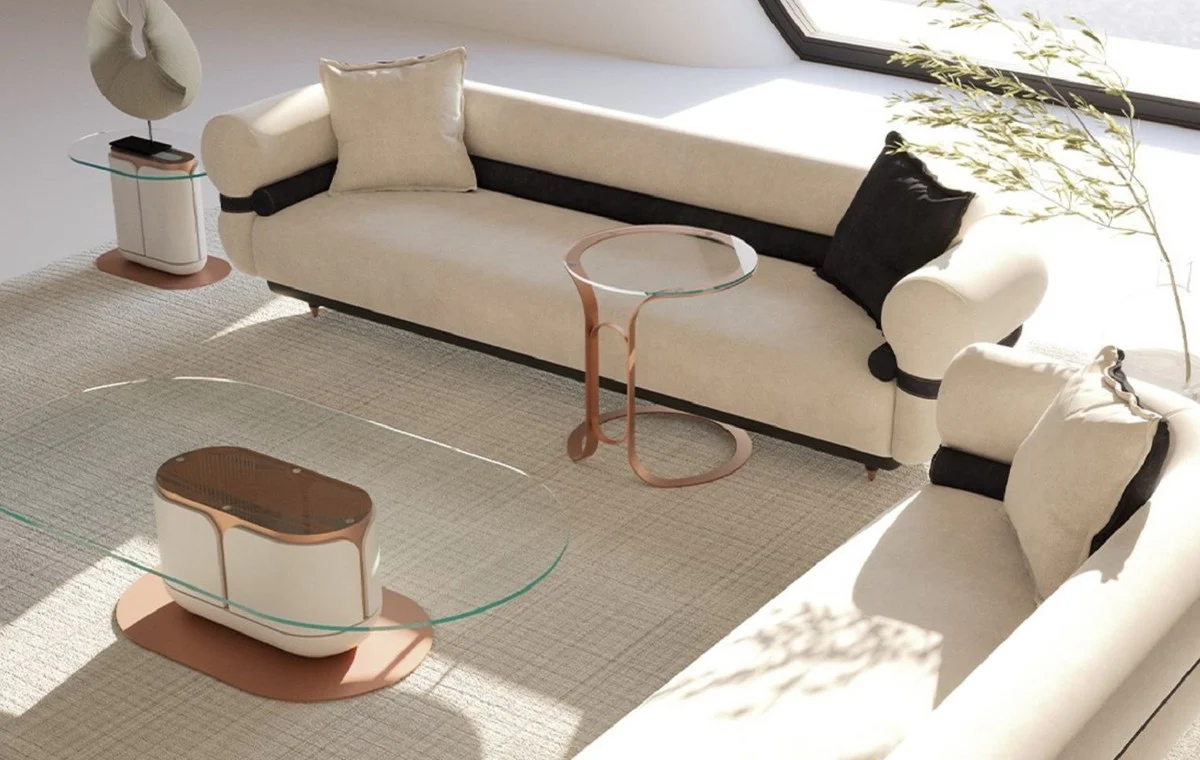 Luxus Sofa Grau / Blau / Schwarz / Kupfer 260 x 88 x H. 65 cm - Wohnzimmer Sofa - Hotel Sofa - Wohnzimmer Möbel - Hotel Möbel - Luxus Möbel - Luxus Einrichtung