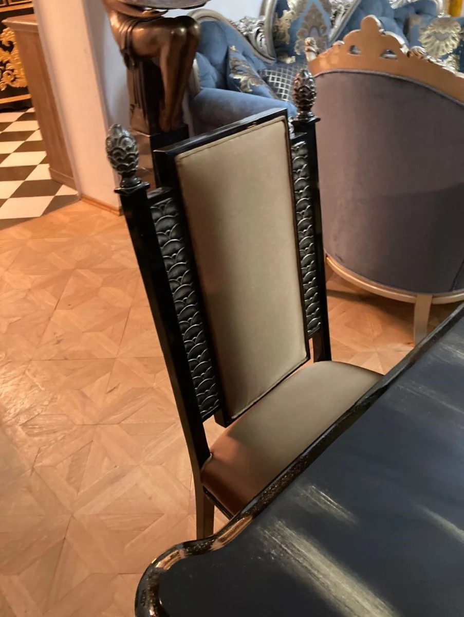 Luxus Barock Esszimmer Set Gold / Schwarz - 1 ausziehbarer Barock Esstisch & 6 Barock Esszimmerstühle - Barock Esszimmer Möbel - Luxus Möbel im Barockstil - Edel & Prunkvoll