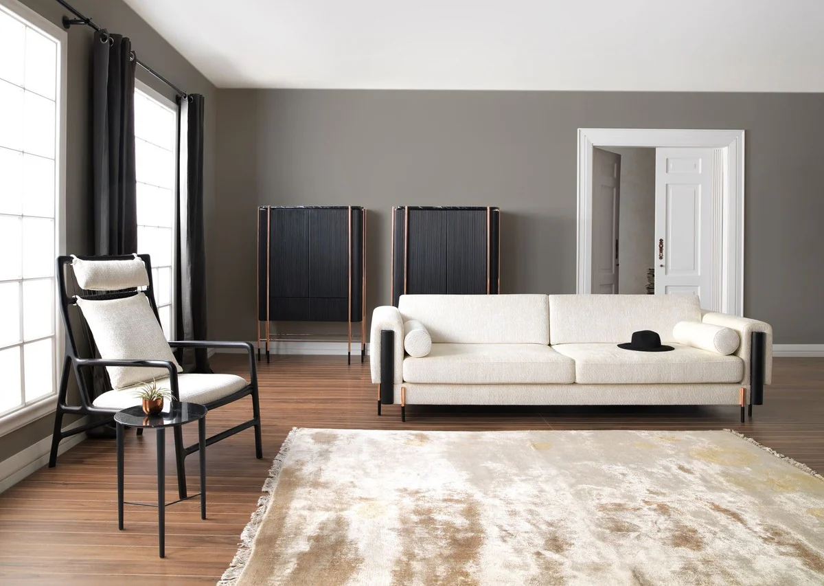 Luxus Sofa Cremeweiß / Matt Schwarz / Kupfer 220 x 107 x H. 78 cm - Wohnzimmer Sofa - Hotel Sofa - Wohnzimmer Möbel - Hotel Möbel - Luxus Möbel - Luxus Einrichtung