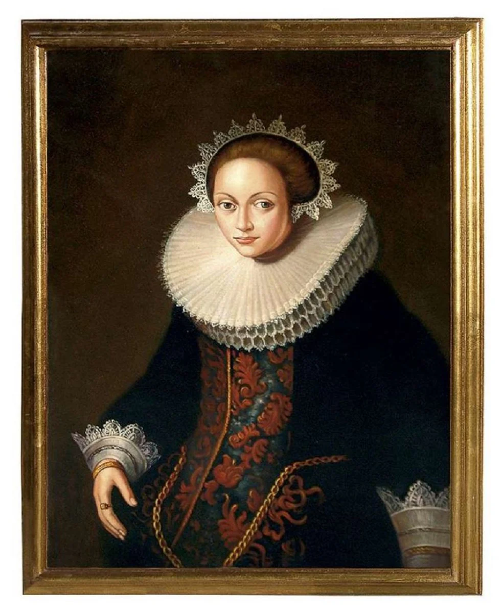 Luxus Barock Ölgemälde Lady Mehrfarbig / Gold 55 x H. 65 cm - Handgemaltes Gemälde im Barockstil - Barock Wand Deko