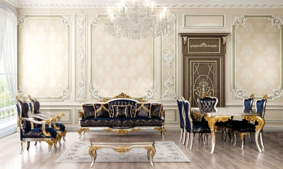 Luxus Barock Couchtisch Silber / Gold - Massivholz Wohnzimmertisch im Barockstil - Barock Wohnzimmer Möbel - Edel & Prunkvoll