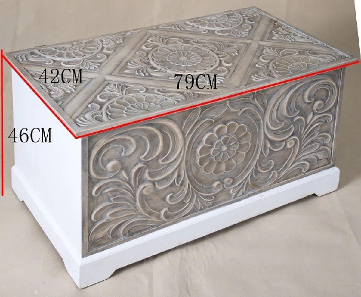 Landhausstil Truhe Weiß / Braun 79 x 42 x H. 46 cm - Handgefertigte Landhausstil Holztruhe