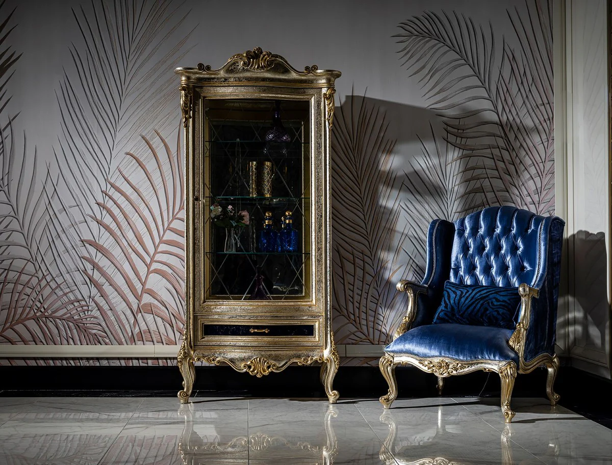 Luxus Barock Vitrine Silber / Schwarz / Gold - Prunkvoller Barockstil Vitrinenschrank mit Glastür und Schublade - Handgefertigte Barock Möbel - Edel & Prunkvoll