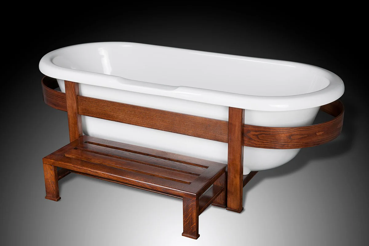 Luxus Retro Badewanne Weiß / Dunkelbraun 178 x 76 x H. 73 cm - Freistehende Badewanne mit Holzrahmen und Stufe - Retro Badezimmer Möbel