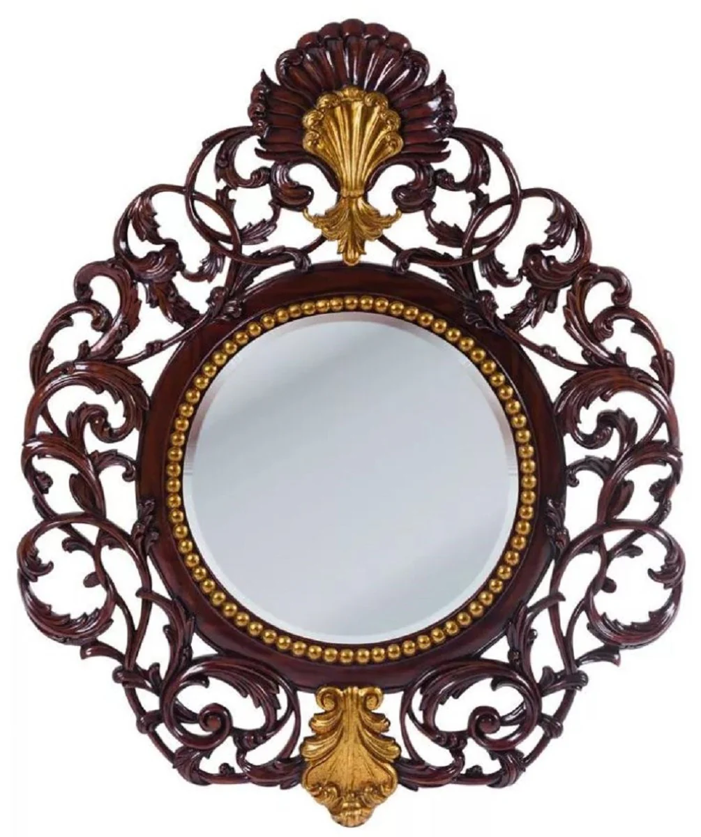 Luxus Barock Spiegel Dunkelbraun / Antik Gold - Handgefertigter Mahagoni Wandspiegel im Barockstil - Luxus Möbel im Barockstil - Barock Möbel - Edel & Prunkvoll