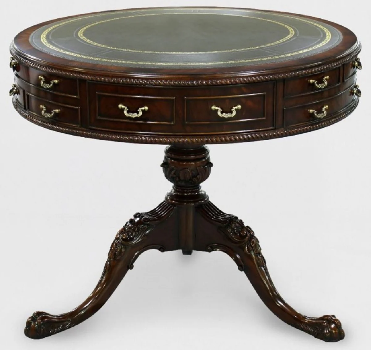 Luxus Barock Beistelltisch Braun / Grün / Gold Ø 91 x H. 76 cm - Runder Mahagoni Tisch mit 14 Schubladen und Echtleder - Barock Mahagoni Möbel