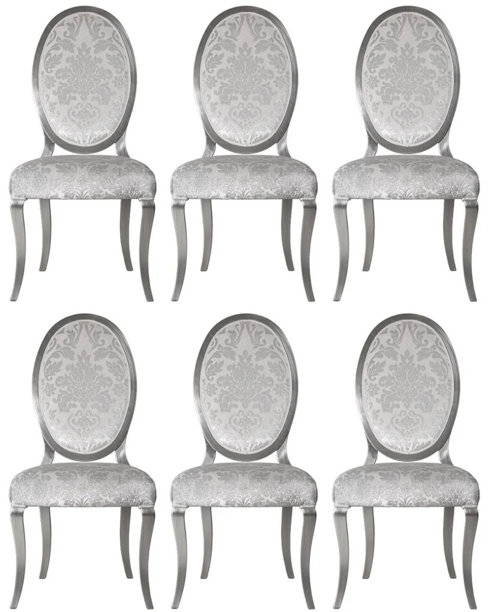 Luxus Jugendstil Esszimmerstuhl 6er Set Silber / Grau / Silber 51 x 48 x H. 106 cm - Elegante Küchenstühle mit Muster - Barock & Jugendstil Esszimmer Möbel - Luxus Qualität