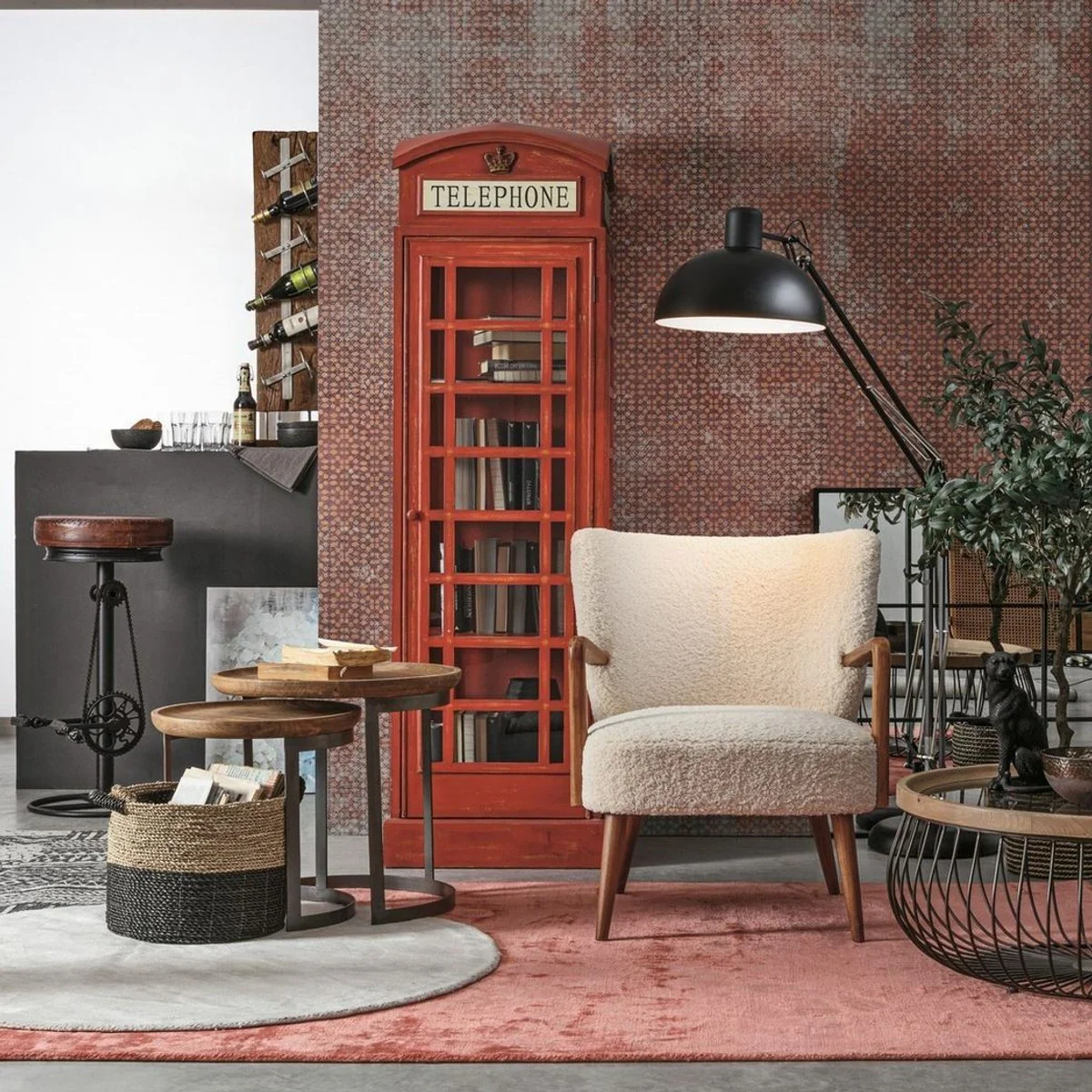 Landhausstil Bücherschrank Telefonzelle Antik Rot 55 x 51,5 x H. 180 cm - Telefonzellen Regalschrank im englischen Stil - Wohnzimmer Möbel im Landhausstil - Landhausstil Möbel