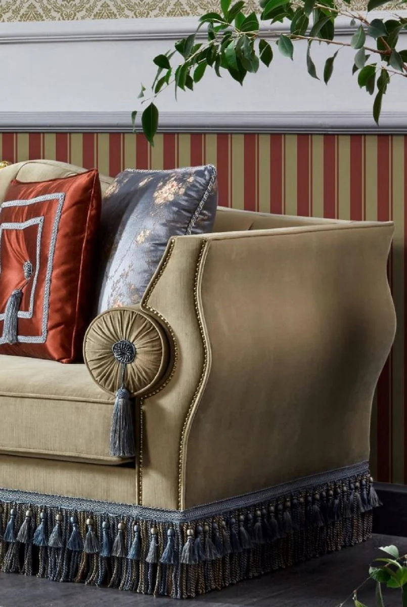 Luxus Barock Wohnzimmer Set Beige / Blau / Dunkelbraun / Gold - 2 Sofas & 2 Sessel & 1 Couchtisch & 2 Beistelltische - Handgefertigte Wohnzimmer Möbel im Barockstil - Edel & Prunkvoll